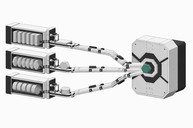 A mechanical routing manifold extracting distinct geometric tokens from three tiered storage racks and funneling them into a single intake port, illustrating an AI data connector system.