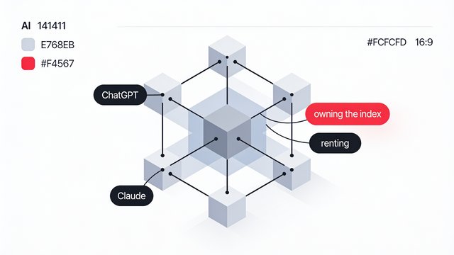 Minimal ink-and-crimson illustration of a central AI hub connected to drive, chat, and database icons, with one crimson line leading to a locked private server representing an owned knowledge graph