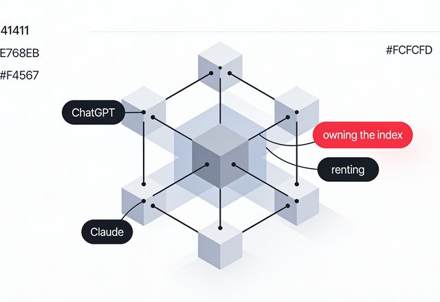 Minimal ink-and-crimson illustration of a central AI hub connected to drive, chat, and database icons, with one crimson line leading to a locked private server representing an owned knowledge graph