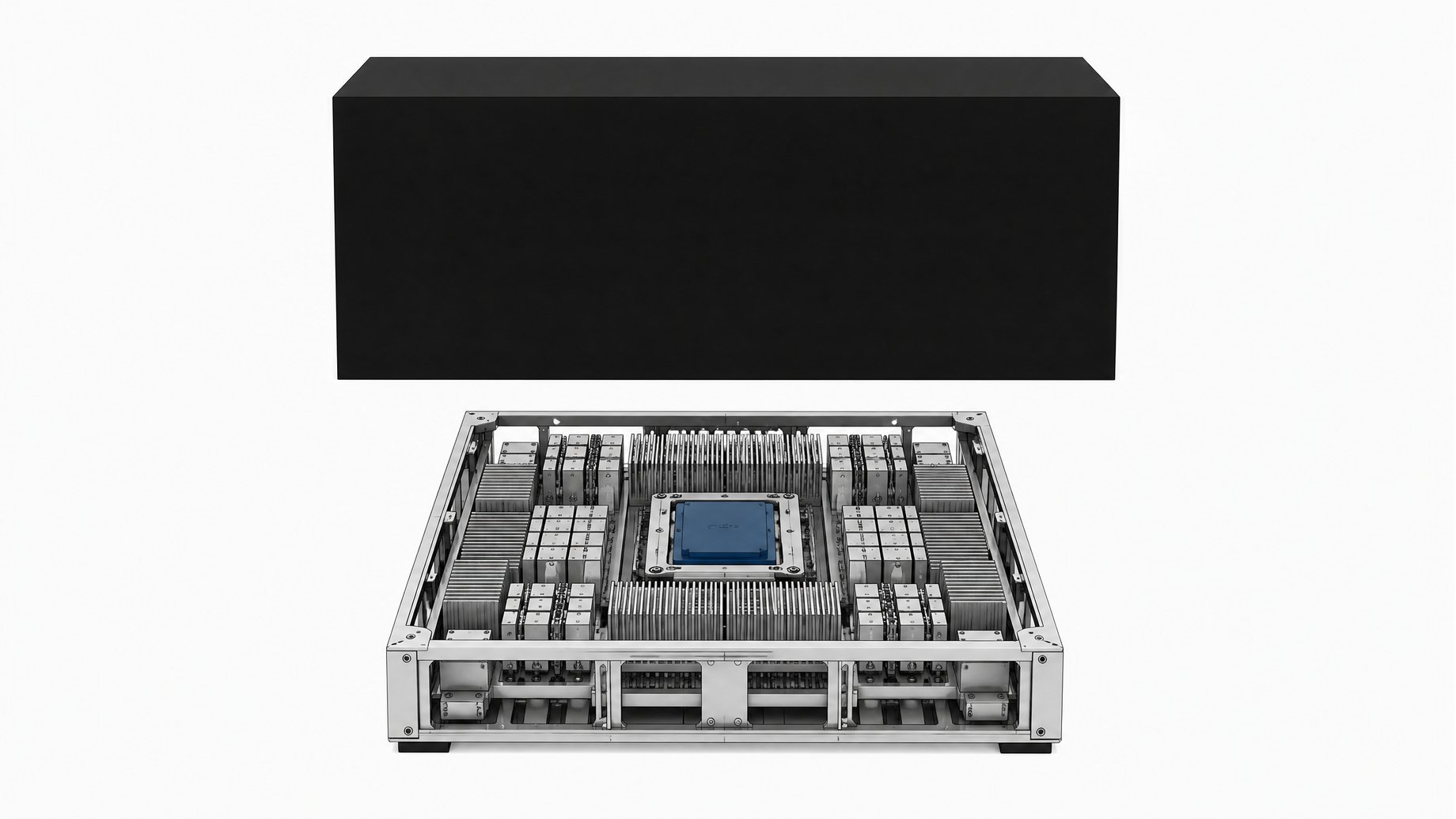 An opaque, sealed monolith suspended above an open, structurally legible local hardware chassis holding a central compute module.
