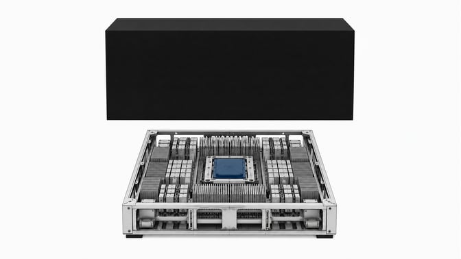 An opaque, sealed monolith suspended above an open, structurally legible local hardware chassis holding a central compute module.