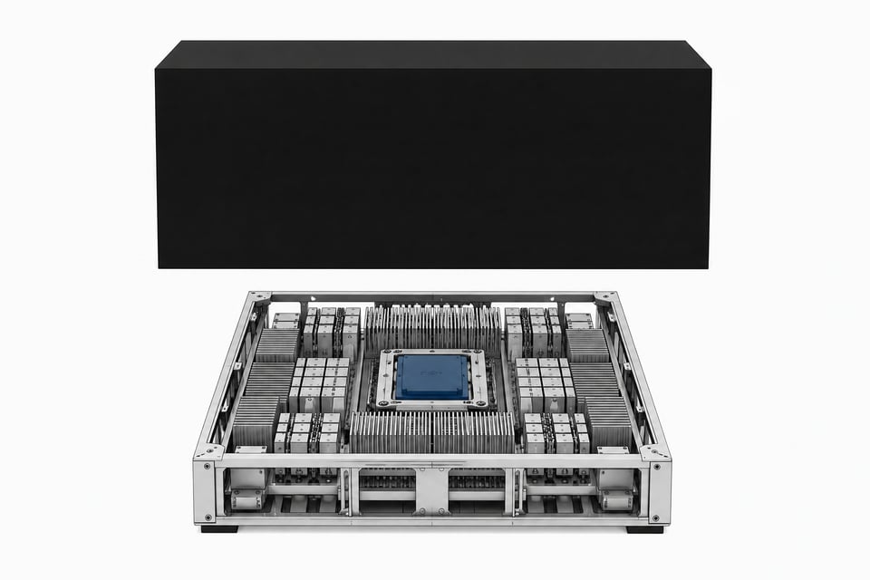An opaque, sealed monolith suspended above an open, structurally legible local hardware chassis holding a central compute module.
