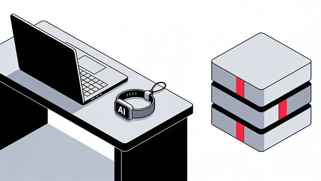 Minimal ink and crimson illustration of a laptop and a wearable AI pendant on an office desk, with dotted lines showing data flowing past a wall labeled IT, representing shadow AI bypassing corporate governance