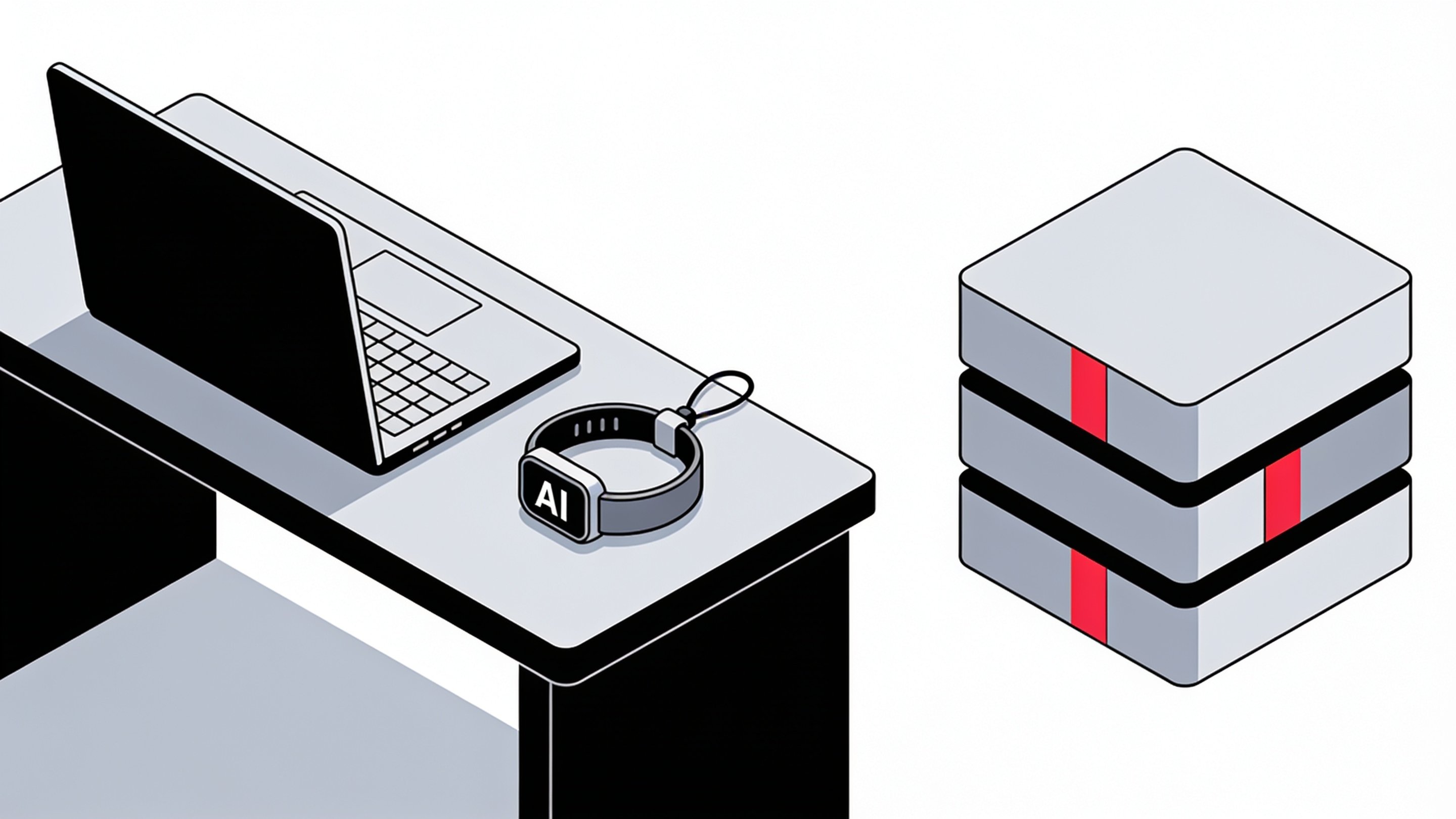 Minimal ink and crimson illustration of a laptop and a wearable AI pendant on an office desk, with dotted lines showing data flowing past a wall labeled IT, representing shadow AI bypassing corporate governance
