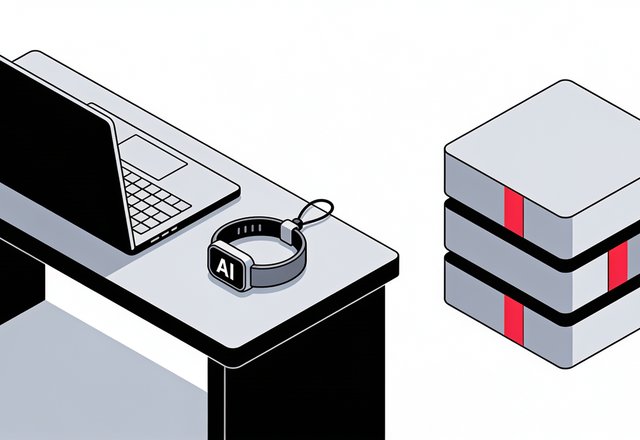 Minimal ink and crimson illustration of a laptop and a wearable AI pendant on an office desk, with dotted lines showing data flowing past a wall labeled IT, representing shadow AI bypassing corporate governance