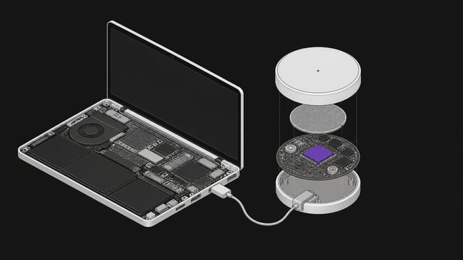An exploded view of a wearable edge AI processing pendant connected via cable to the internal port of a standard laptop chassis.