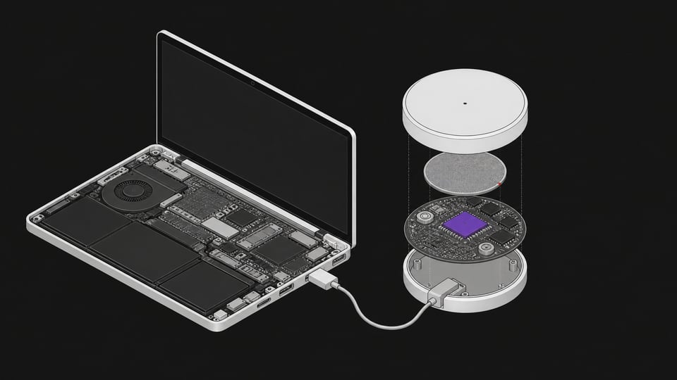 An exploded view of a wearable edge AI processing pendant connected via cable to the internal port of a standard laptop chassis.