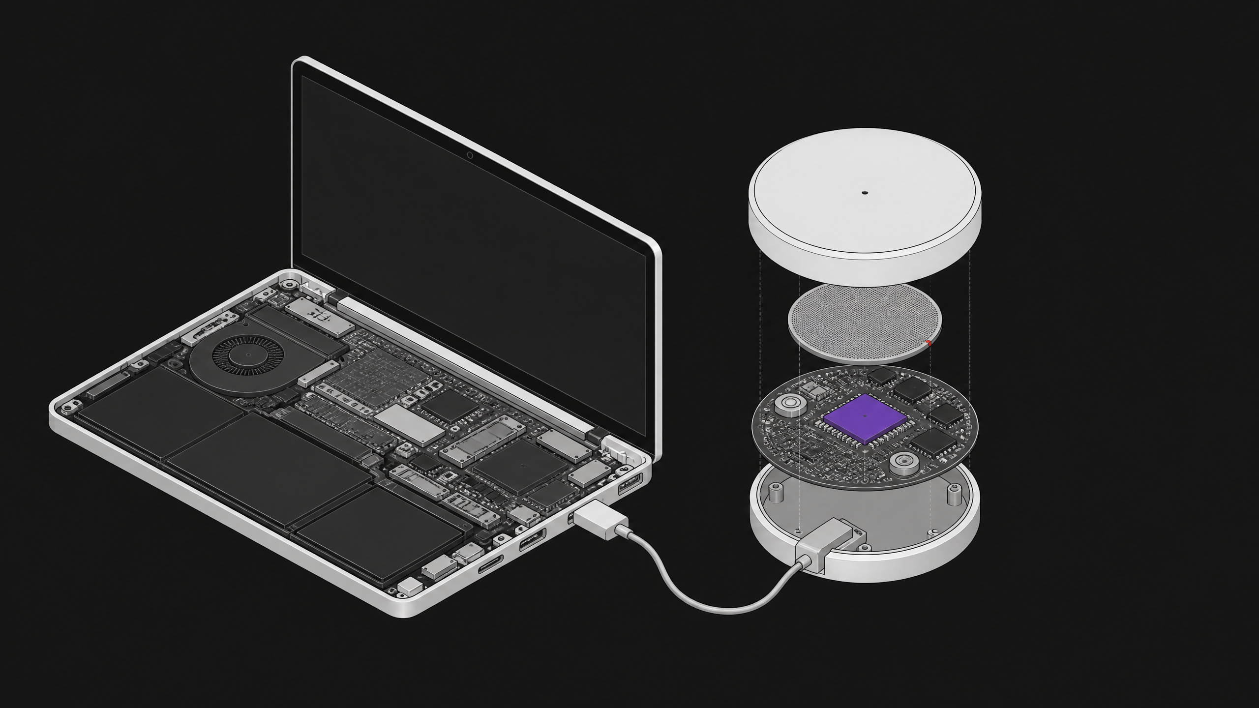 An exploded view of a wearable edge AI processing pendant connected via cable to the internal port of a standard laptop chassis.