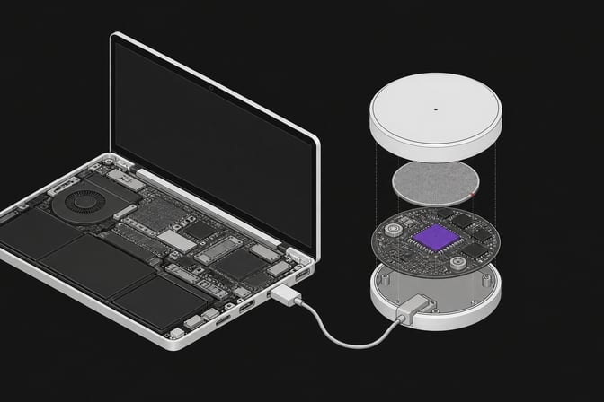 An exploded view of a wearable edge AI processing pendant connected via cable to the internal port of a standard laptop chassis.