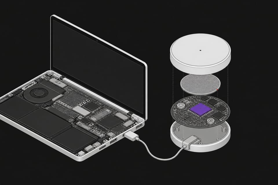 An exploded view of a wearable edge AI processing pendant connected via cable to the internal port of a standard laptop chassis.
