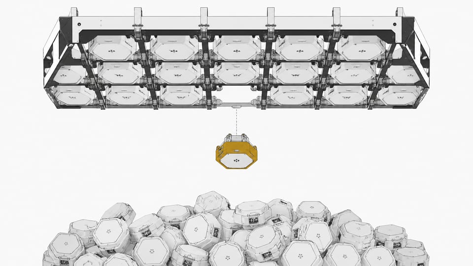 A structured registry armature sorting an unorganized swarm of identical geometric processing modules into a highly ordered grid.