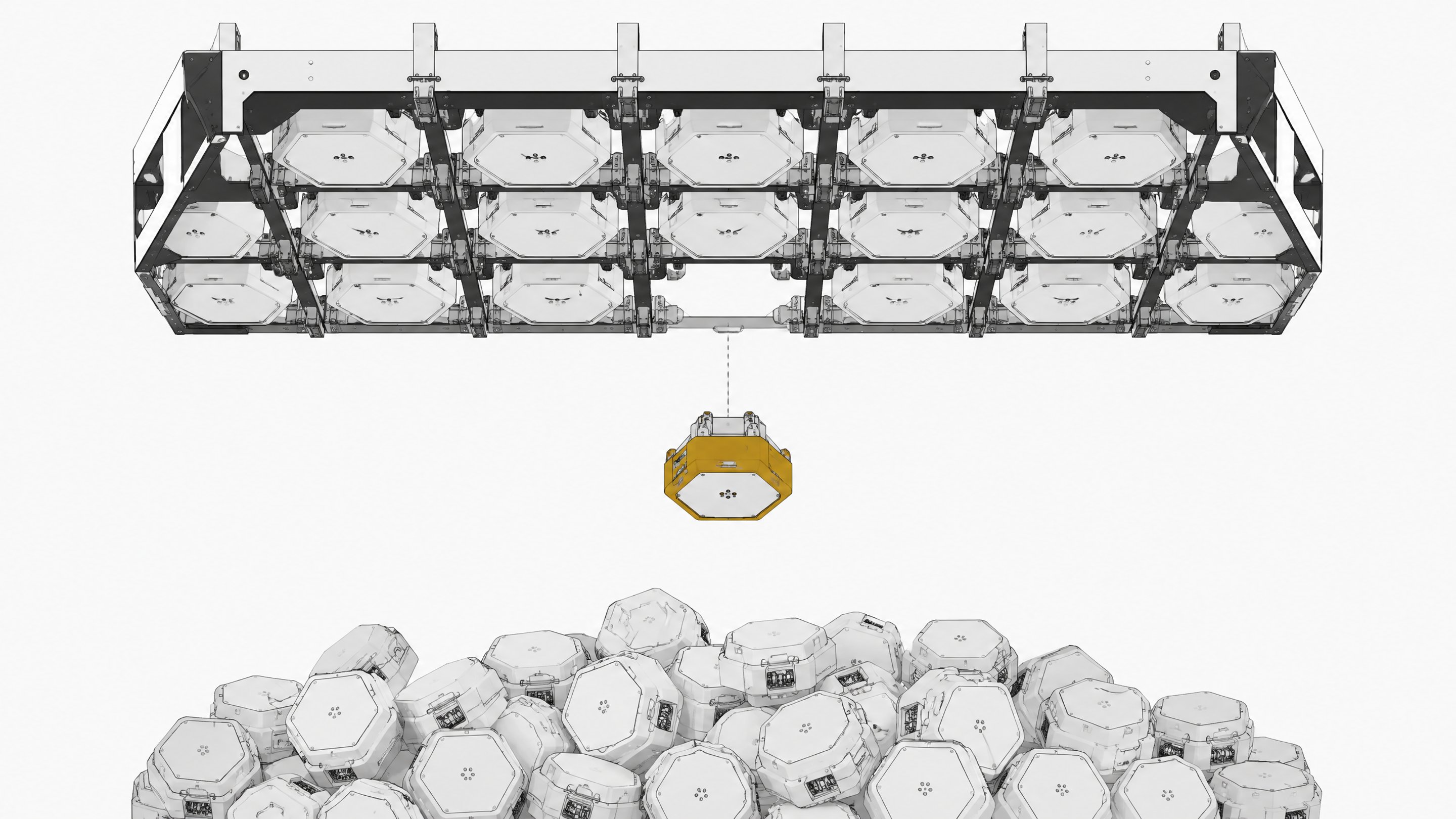 A structured registry armature sorting an unorganized swarm of identical geometric processing modules into a highly ordered grid.