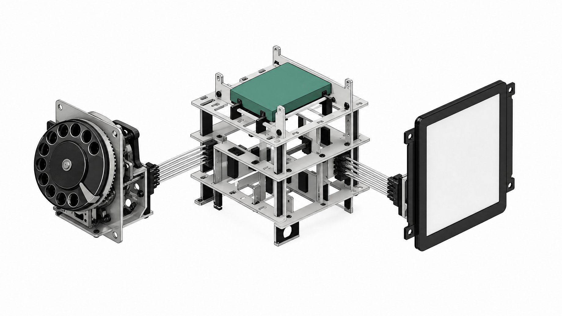 An open structural framework routing data between a mechanical rotary dial and a blank display panel through a central logic cartridge, representing local AI scripts integrating repurposed hardware.