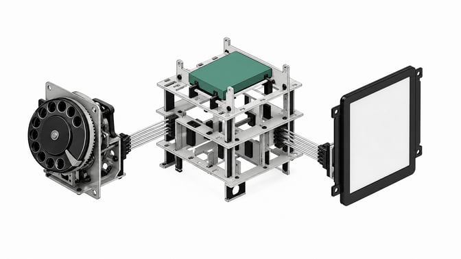 An open structural framework routing data between a mechanical rotary dial and a blank display panel through a central logic cartridge, representing local AI scripts integrating repurposed hardware.