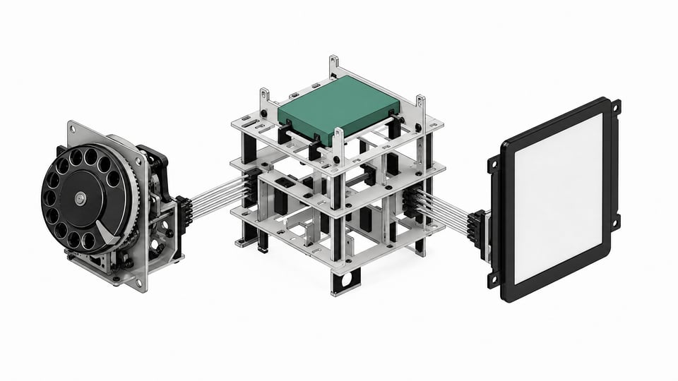 An open structural framework routing data between a mechanical rotary dial and a blank display panel through a central logic cartridge, representing local AI scripts integrating repurposed hardware.