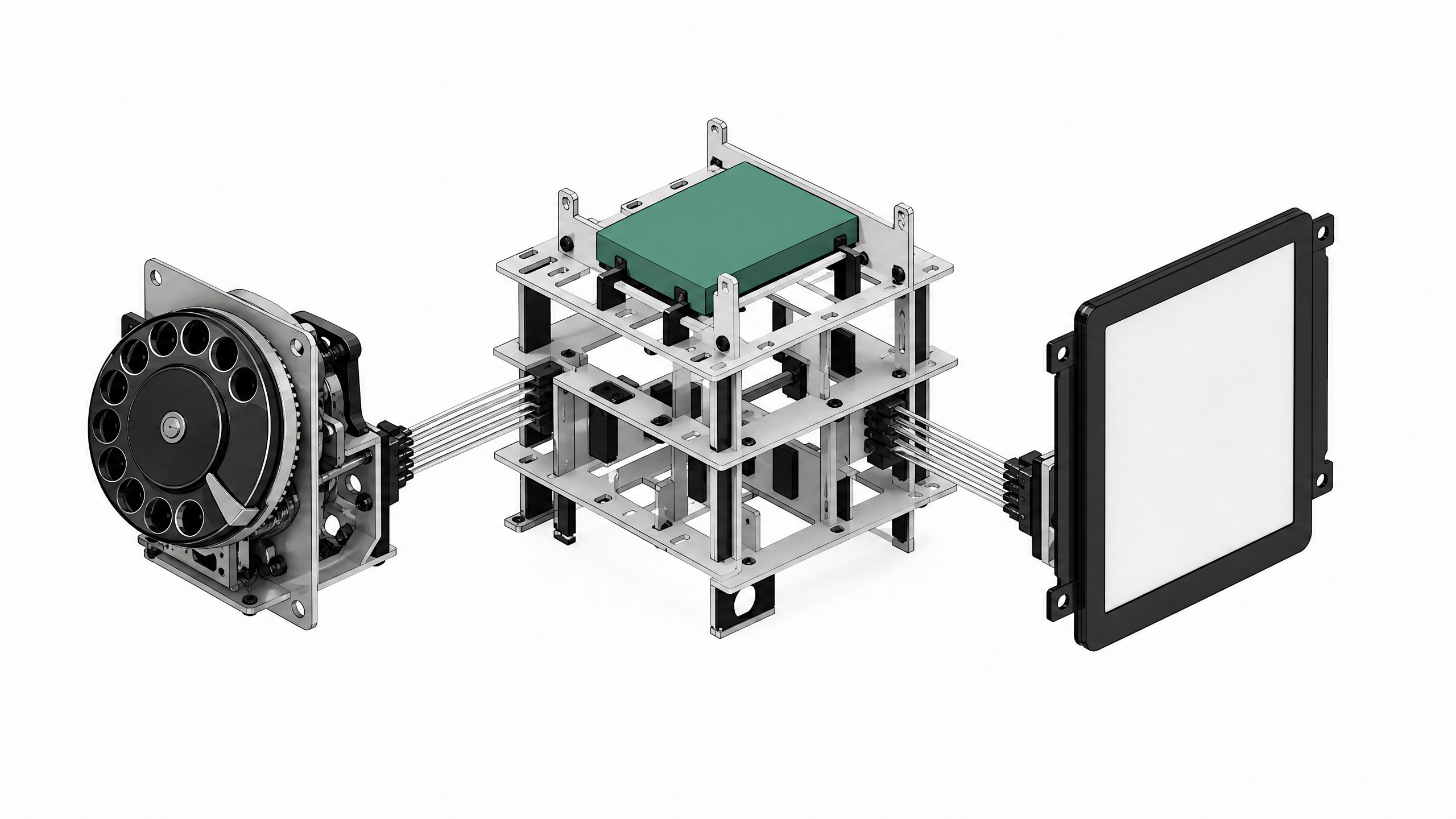 An open structural framework routing data between a mechanical rotary dial and a blank display panel through a central logic cartridge, representing local AI scripts integrating repurposed hardware.