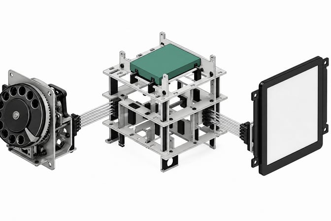 An open structural framework routing data between a mechanical rotary dial and a blank display panel through a central logic cartridge, representing local AI scripts integrating repurposed hardware.