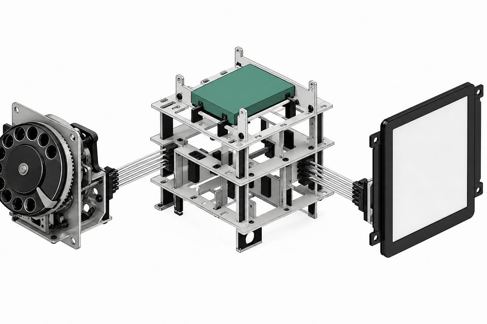 An open structural framework routing data between a mechanical rotary dial and a blank display panel through a central logic cartridge, representing local AI scripts integrating repurposed hardware.