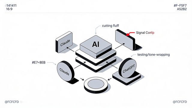 Minimal ink and crimson illustration of a chat window full of bullet points and em dashes being filtered through a wrench icon into a clean paragraph of plain text