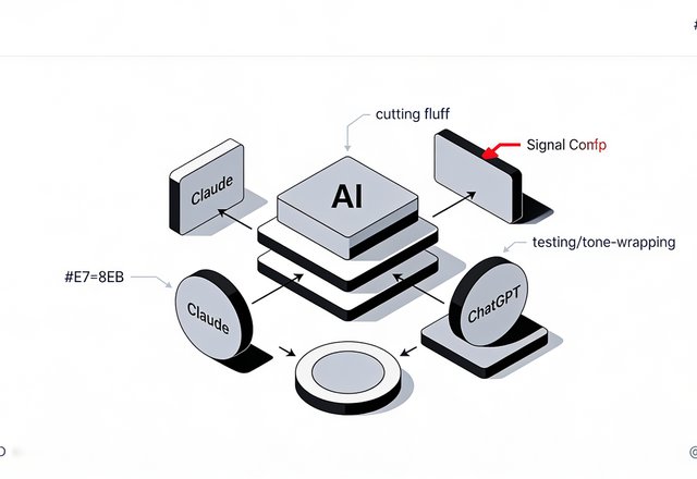 Minimal ink and crimson illustration of a chat window full of bullet points and em dashes being filtered through a wrench icon into a clean paragraph of plain text