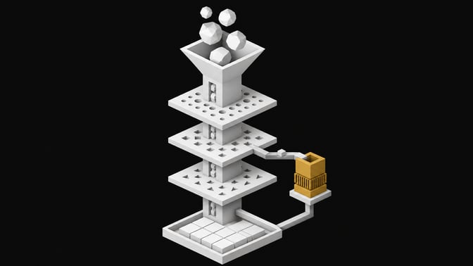 A 3D vertical processing pipeline passing irregular geometric blocks through filtering plates and a secondary processing module to produce clean rectangular slabs, representing system prompts and secondary LLMs stripping fluff from AI outputs.