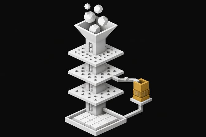 A 3D vertical processing pipeline passing irregular geometric blocks through filtering plates and a secondary processing module to produce clean rectangular slabs, representing system prompts and secondary LLMs stripping fluff from AI outputs.