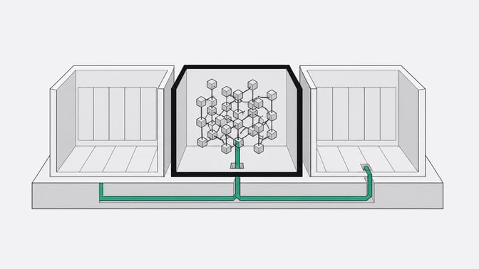 A continuous geometric conduit representing an AI process bypassing an isolated virtual machine enclosure by routing down through the shared host foundation and into an adjacent external module.
