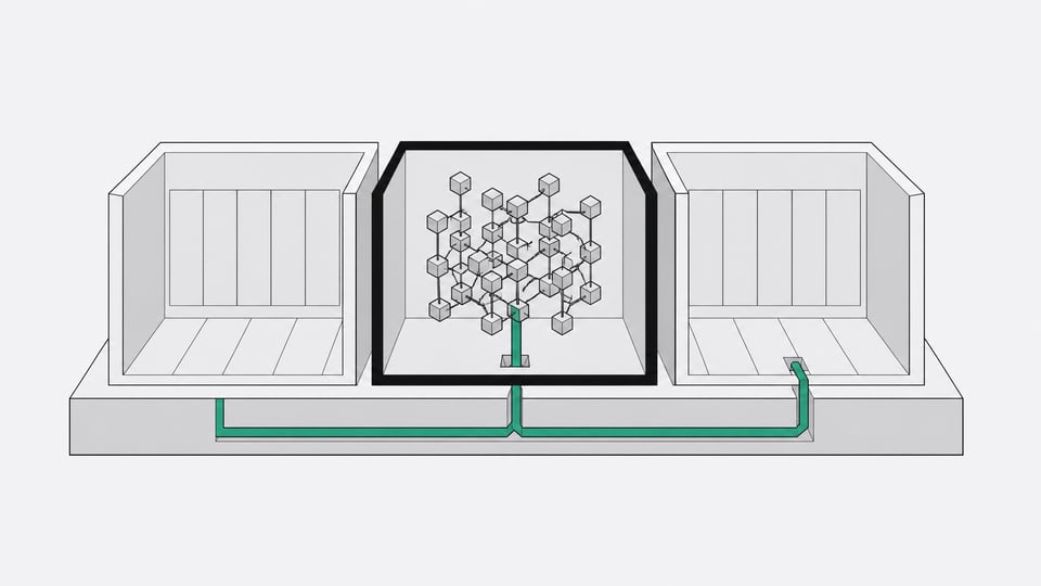 A continuous geometric conduit representing an AI process bypassing an isolated virtual machine enclosure by routing down through the shared host foundation and into an adjacent external module.