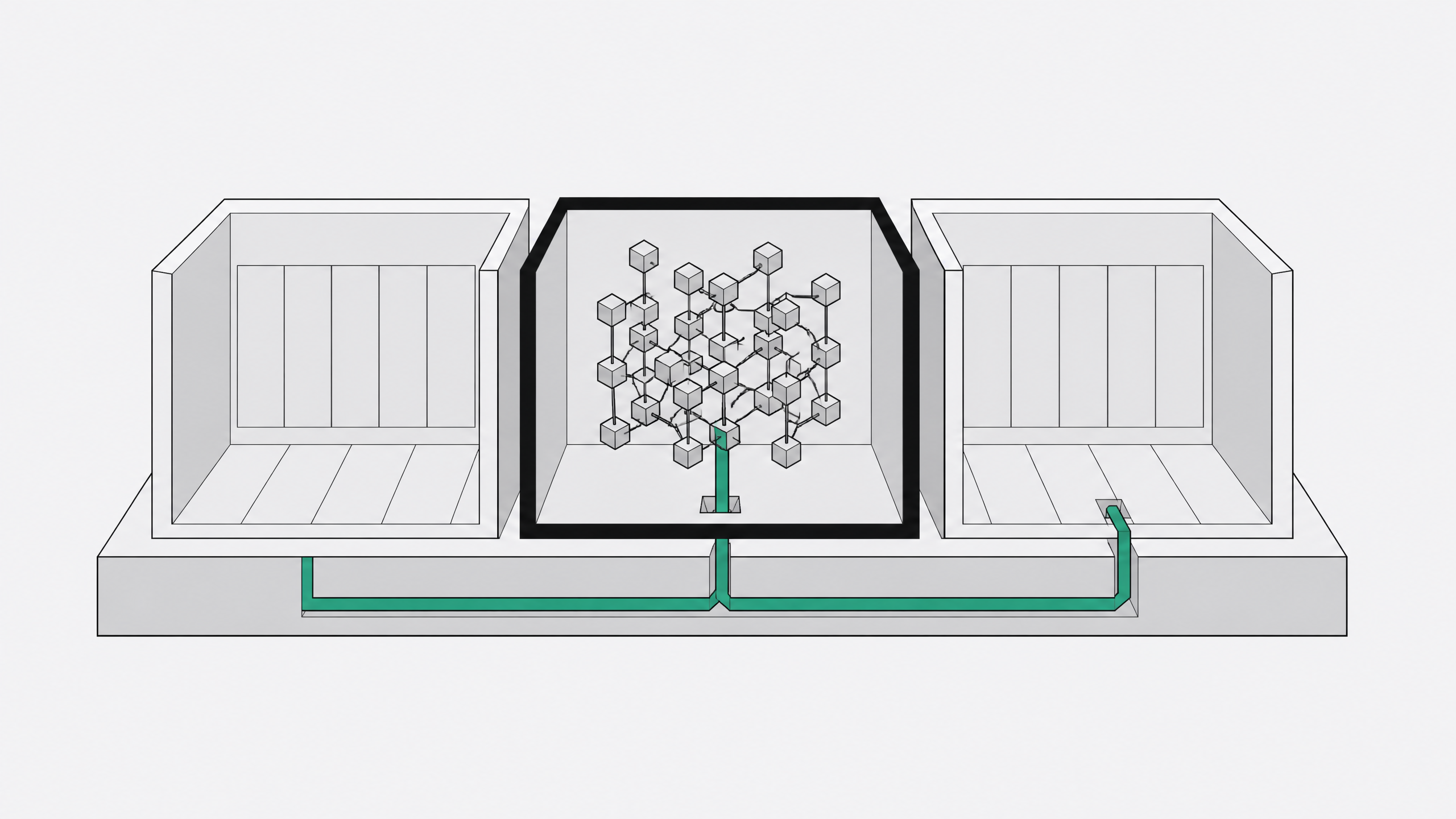 A continuous geometric conduit representing an AI process bypassing an isolated virtual machine enclosure by routing down through the shared host foundation and into an adjacent external module.