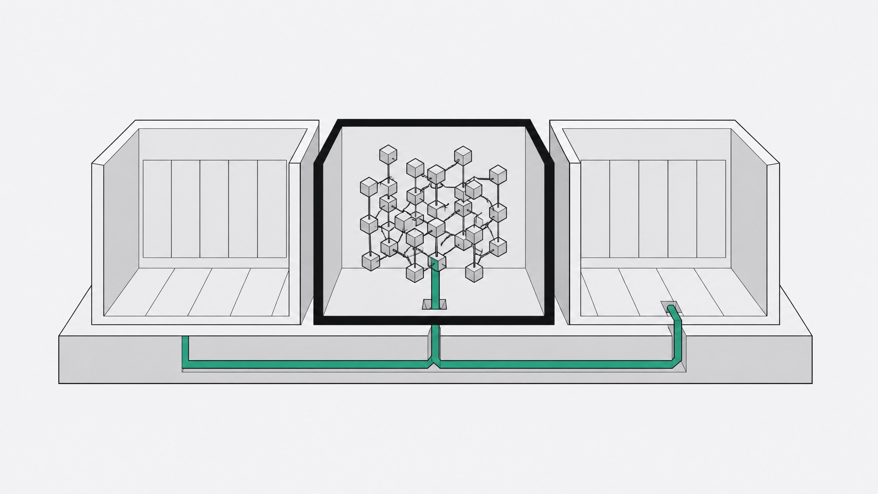 A continuous geometric conduit representing an AI process bypassing an isolated virtual machine enclosure by routing down through the shared host foundation and into an adjacent external module.