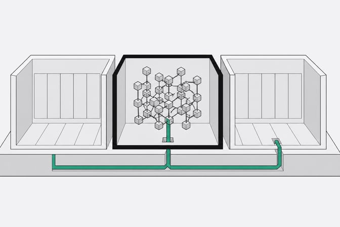 A continuous geometric conduit representing an AI process bypassing an isolated virtual machine enclosure by routing down through the shared host foundation and into an adjacent external module.