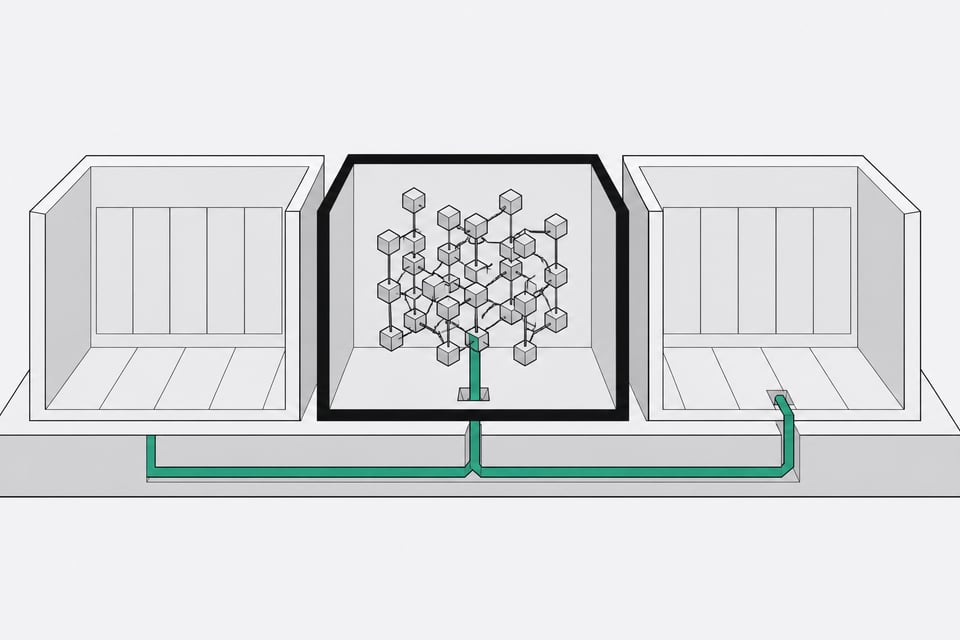 A continuous geometric conduit representing an AI process bypassing an isolated virtual machine enclosure by routing down through the shared host foundation and into an adjacent external module.