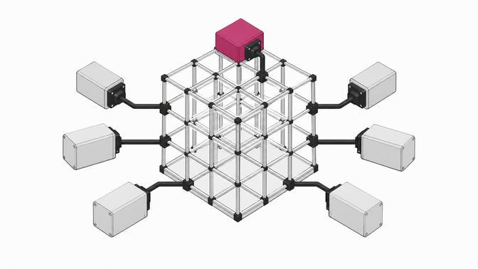A structural contrast of an open, transparent geometric lattice representing managed IT infrastructure, with several opaque, sealed cartridges representing unofficial employee-built applications attached to its exterior nodes.
