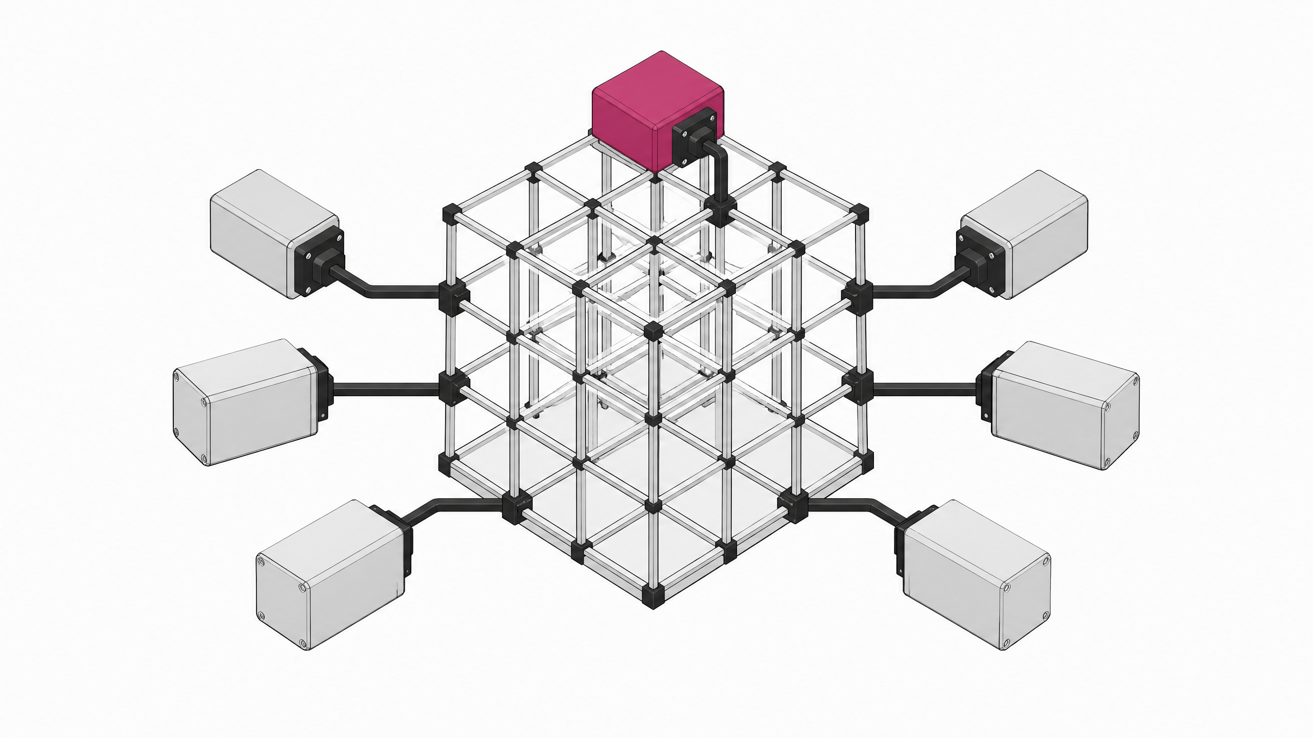 A structural contrast of an open, transparent geometric lattice representing managed IT infrastructure, with several opaque, sealed cartridges representing unofficial employee-built applications attached to its exterior nodes.