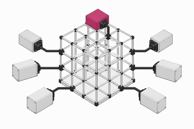 A structural contrast of an open, transparent geometric lattice representing managed IT infrastructure, with several opaque, sealed cartridges representing unofficial employee-built applications attached to its exterior nodes.