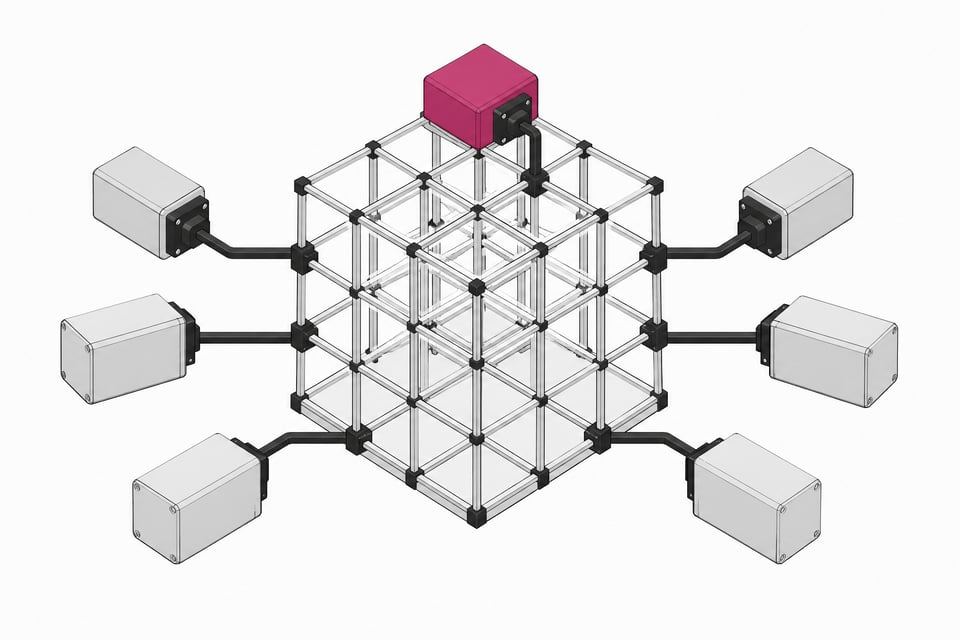 A structural contrast of an open, transparent geometric lattice representing managed IT infrastructure, with several opaque, sealed cartridges representing unofficial employee-built applications attached to its exterior nodes.
