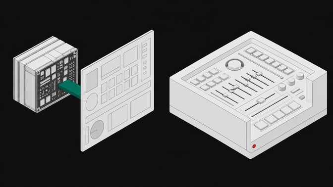 Two contrasting modular hardware architectures side-by-side, one a compact core bridged to an external display pane, the other a dense monolithic block with integrated physical controls, representing Tauri and Tcl/Tk desktop frameworks.