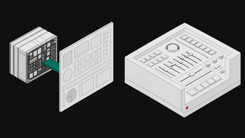 Two contrasting modular hardware architectures side-by-side, one a compact core bridged to an external display pane, the other a dense monolithic block with integrated physical controls, representing Tauri and Tcl/Tk desktop frameworks.