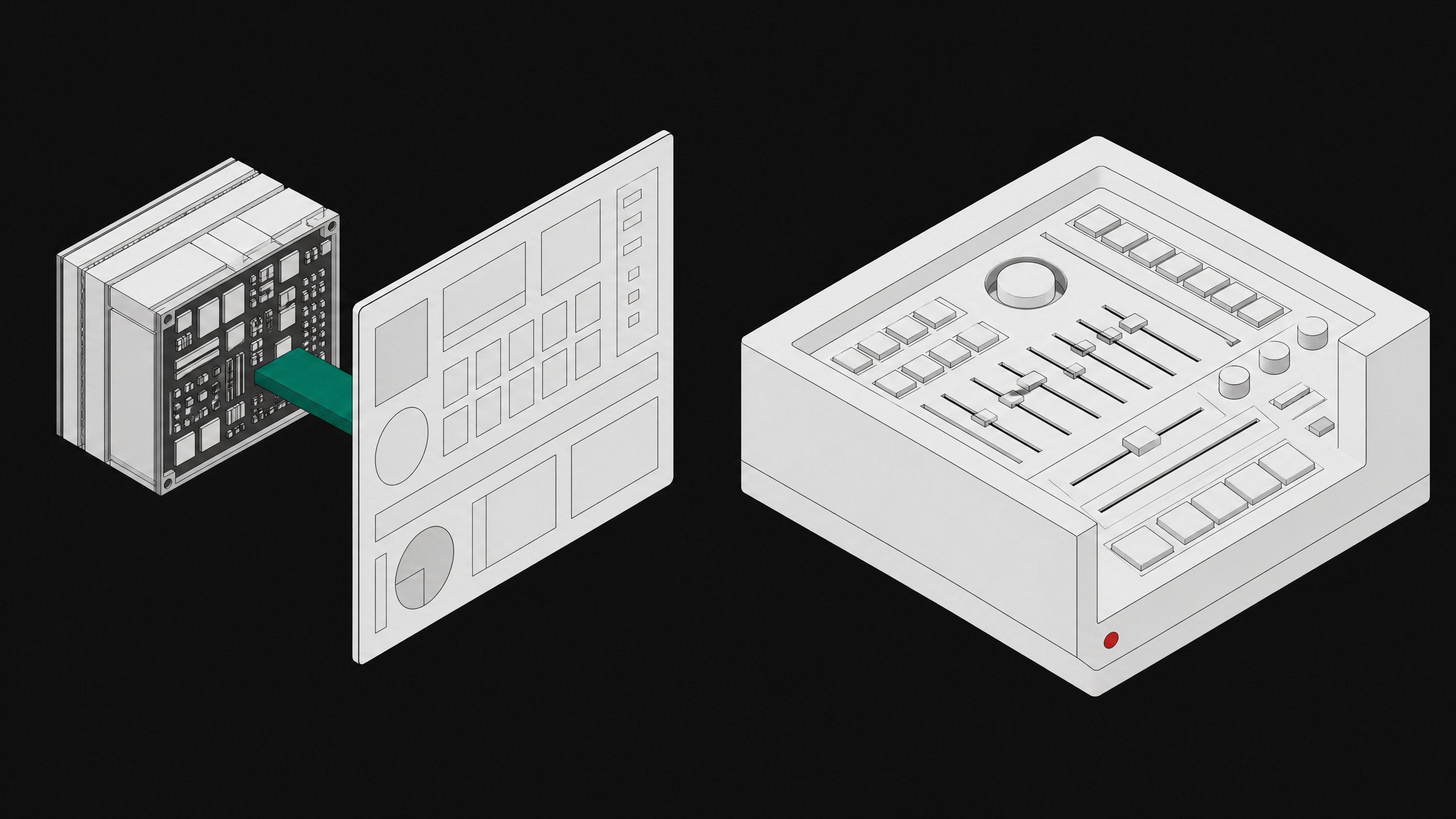 Two contrasting modular hardware architectures side-by-side, one a compact core bridged to an external display pane, the other a dense monolithic block with integrated physical controls, representing Tauri and Tcl/Tk desktop frameworks.