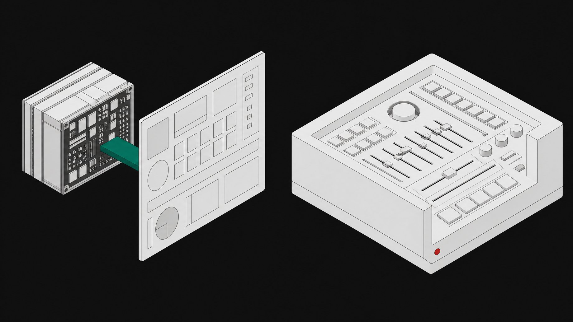 Two contrasting modular hardware architectures side-by-side, one a compact core bridged to an external display pane, the other a dense monolithic block with integrated physical controls, representing Tauri and Tcl/Tk desktop frameworks.