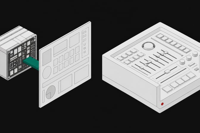 Two contrasting modular hardware architectures side-by-side, one a compact core bridged to an external display pane, the other a dense monolithic block with integrated physical controls, representing Tauri and Tcl/Tk desktop frameworks.