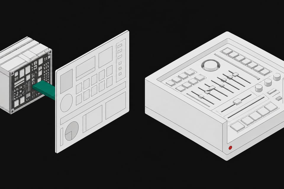 Two contrasting modular hardware architectures side-by-side, one a compact core bridged to an external display pane, the other a dense monolithic block with integrated physical controls, representing Tauri and Tcl/Tk desktop frameworks.