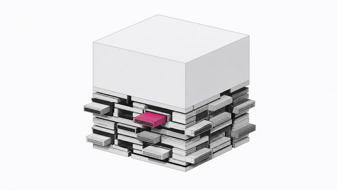 A large, uniform application block supported structurally from below by a complex, asymmetrical layer of inserted memory plates and configuration cartridges.