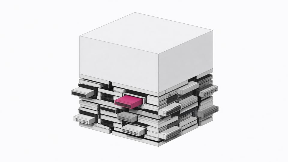 A large, uniform application block supported structurally from below by a complex, asymmetrical layer of inserted memory plates and configuration cartridges.