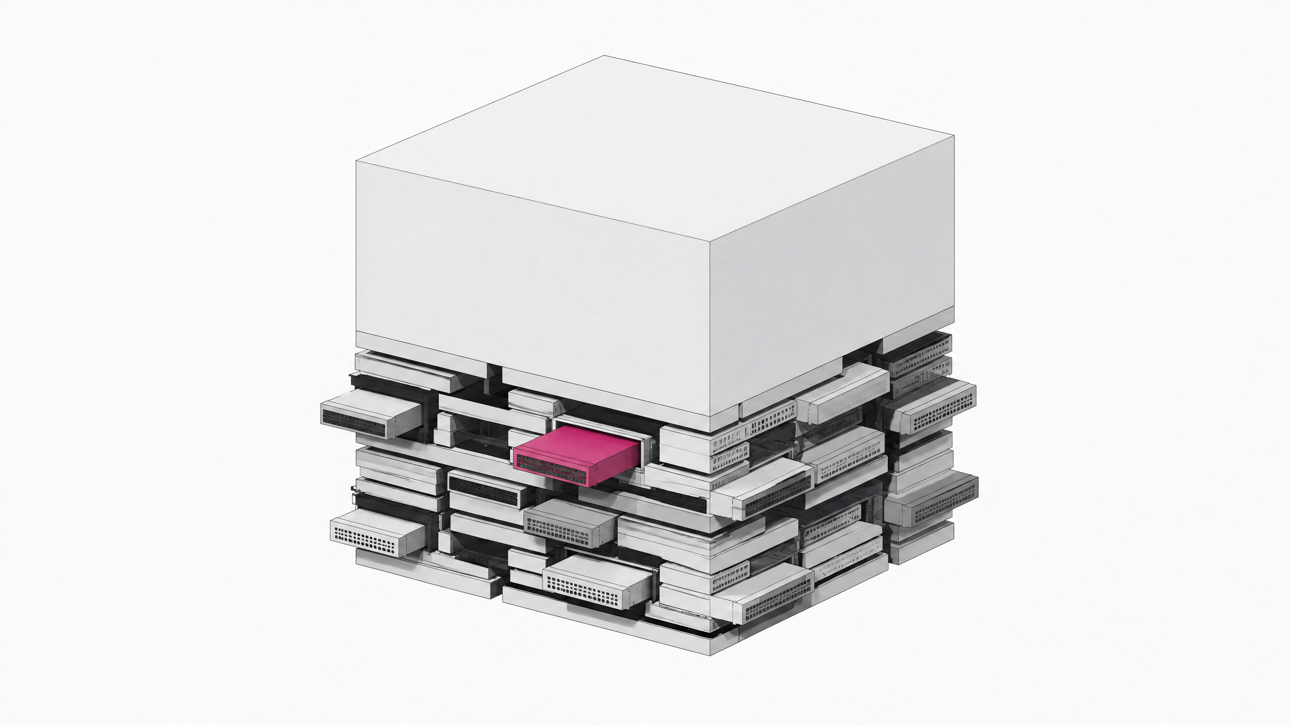 A large, uniform application block supported structurally from below by a complex, asymmetrical layer of inserted memory plates and configuration cartridges.