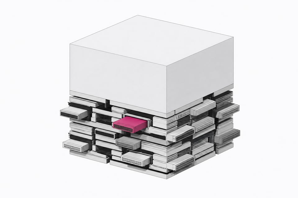 A large, uniform application block supported structurally from below by a complex, asymmetrical layer of inserted memory plates and configuration cartridges.