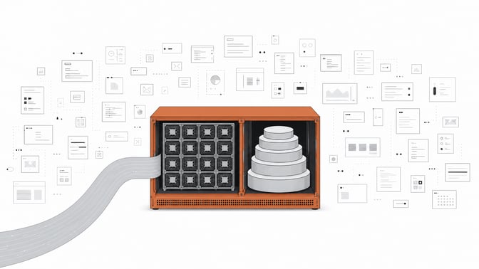 A single, consolidated local computing appliance with internal processing and database structures positioned squarely in front of a sprawling grid of disconnected external tool modules.