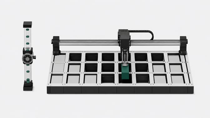A linear gantry system directly inserting a modular block into an open structural grid beside a narrow, metered output tube, representing extensible back-end access versus a rate-limited API.