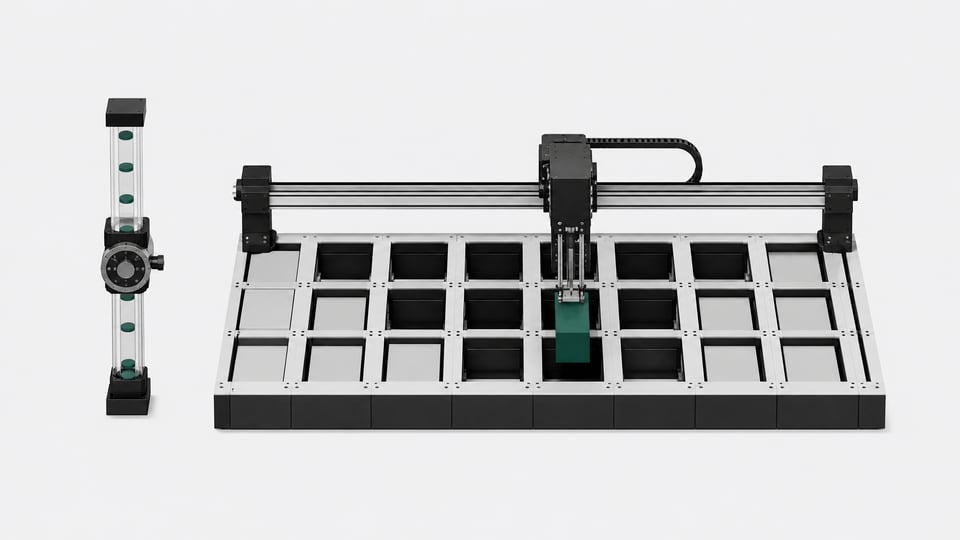 A linear gantry system directly inserting a modular block into an open structural grid beside a narrow, metered output tube, representing extensible back-end access versus a rate-limited API.
