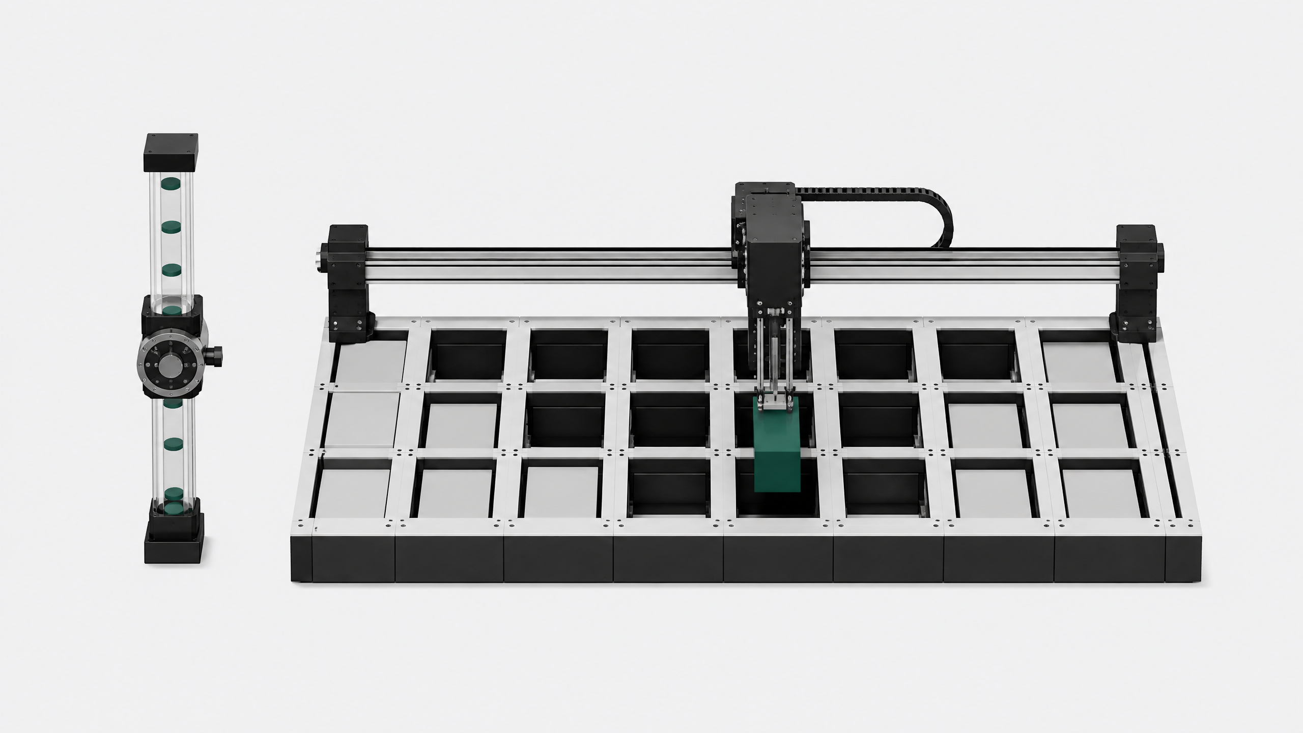 A linear gantry system directly inserting a modular block into an open structural grid beside a narrow, metered output tube, representing extensible back-end access versus a rate-limited API.